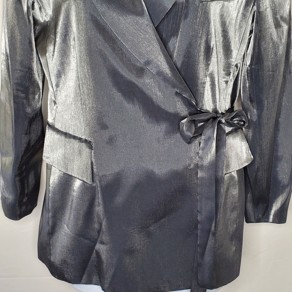 Gantos Silver Metallic Tie Front Blazer Size 14 Evening Jacket Mini Dress - Picture 3 of 15